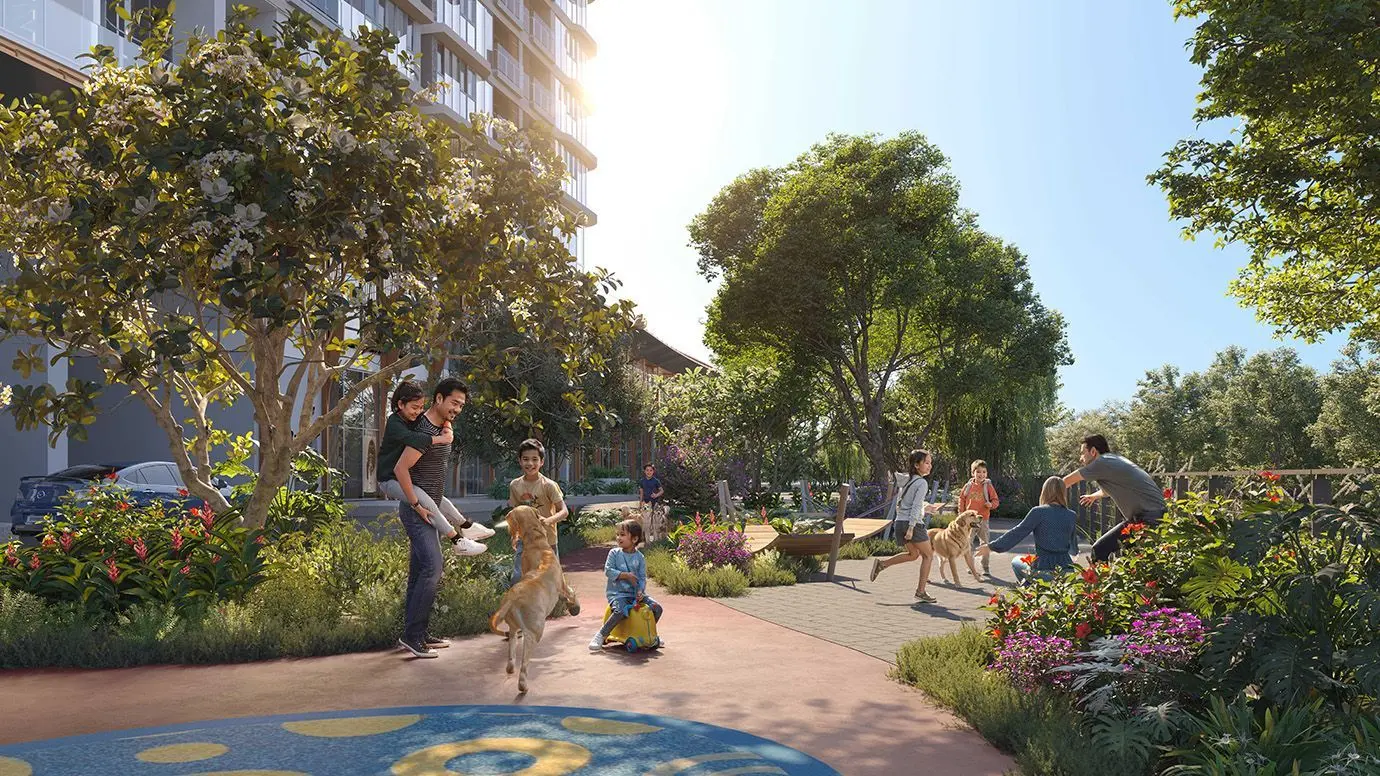 Phối cảnh cầu nối trên không và không gian sinh hoạt cộng đồng tại Eaton Park