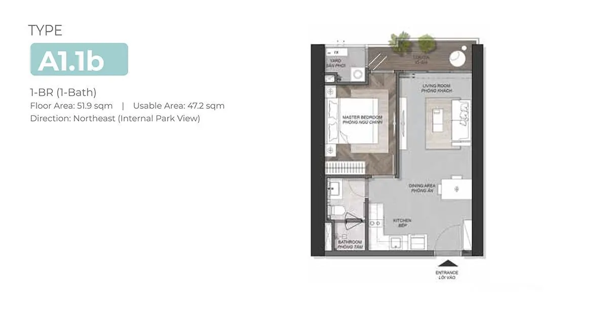 Mặt bằng thiết kế căn hộ 1 phòng ngủ dự án Eaton Park Gamuda Land