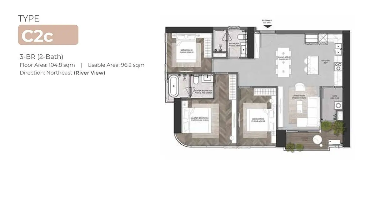 Mặt bằng căn hộ 3 phòng ngủ góc sở hữu tầm nhìn panorama 2 mặt thoáng